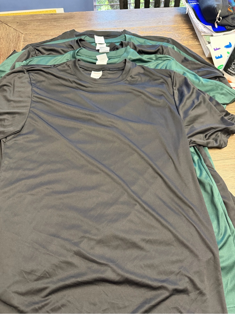 Lot of 5 Hanes Black and Green Short Sleeve Crew Neck Performance Tees